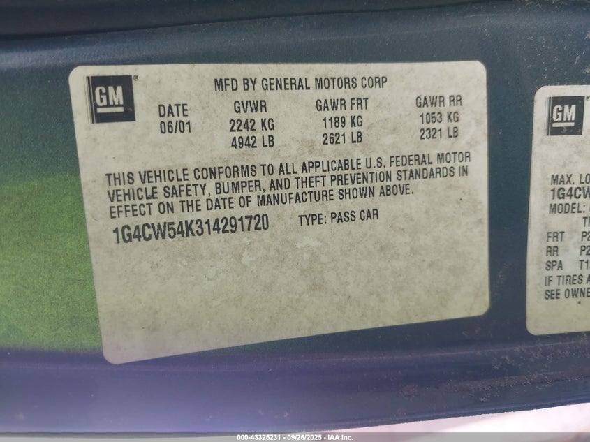 2001 Buick Park Avenue VIN: 1G4CW54K314291720 Lot: 43325231