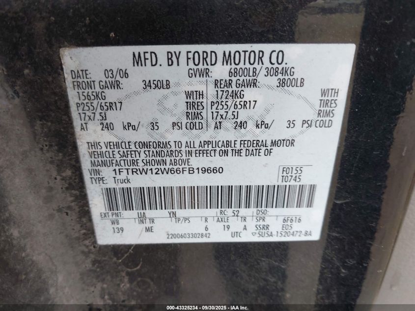 2006 Ford F-150 Xlt VIN: 1FTRW12W66FB19660 Lot: 43325234