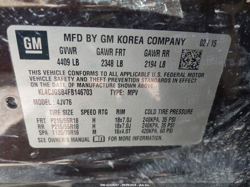 2015 Buick Encore Leather VIN: KL4CJGSB4FB146703 Lot: 43325237