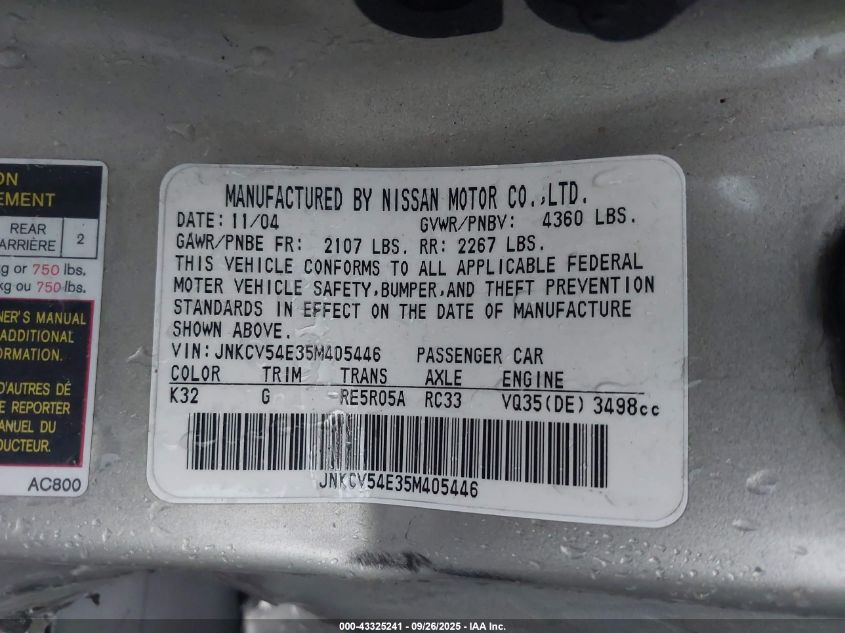 2005 Infiniti G35 VIN: JNKCV54E35M405446 Lot: 43325241