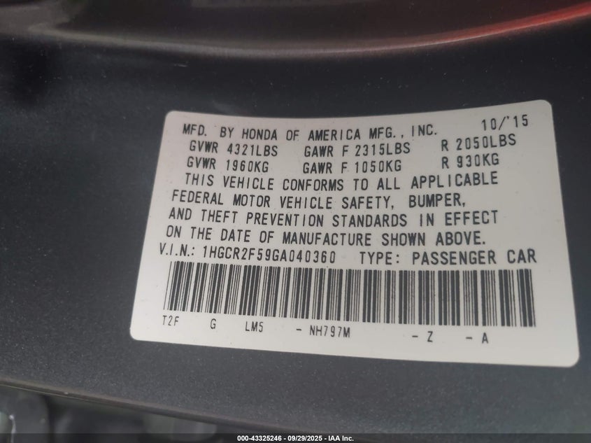 1HGCR2F59GA040360 2016 HONDA ACCORD photo no. 9