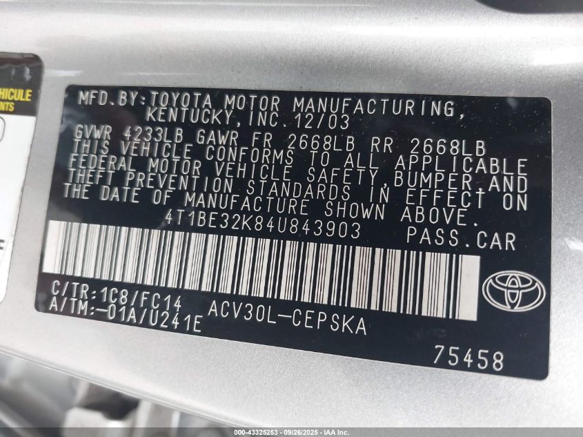 2004 Toyota Camry Se VIN: 4T1BE32K84U843903 Lot: 43325253