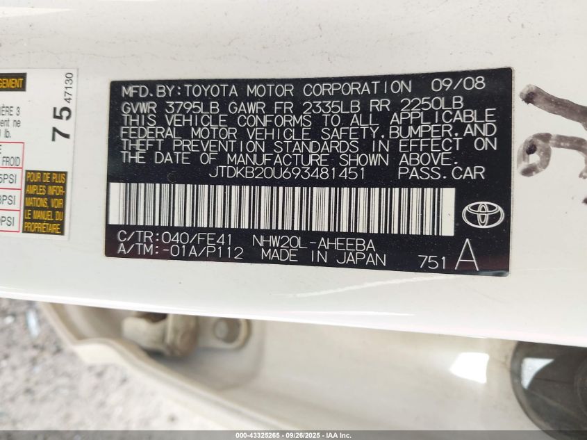 2009 Toyota Prius VIN: JTDKB20U693481451 Lot: 43325265