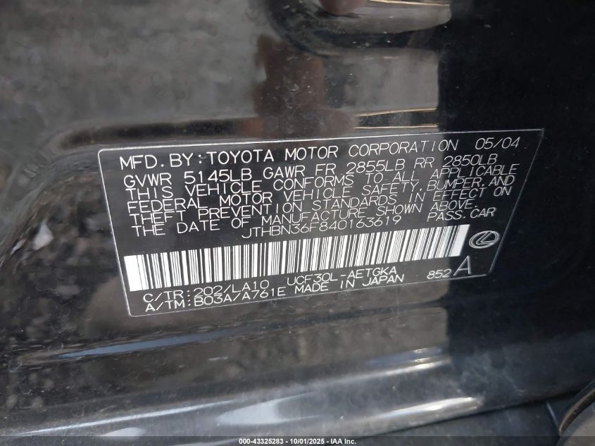 2004 Lexus Ls 430 VIN: JTHBN36F840163619 Lot: 43325283