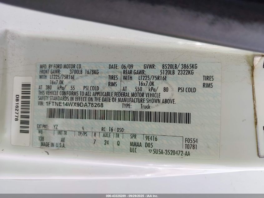 2009 Ford E-150 Commercial/Recreational VIN: 1FTNE14WX9DA78268 Lot: 43325289