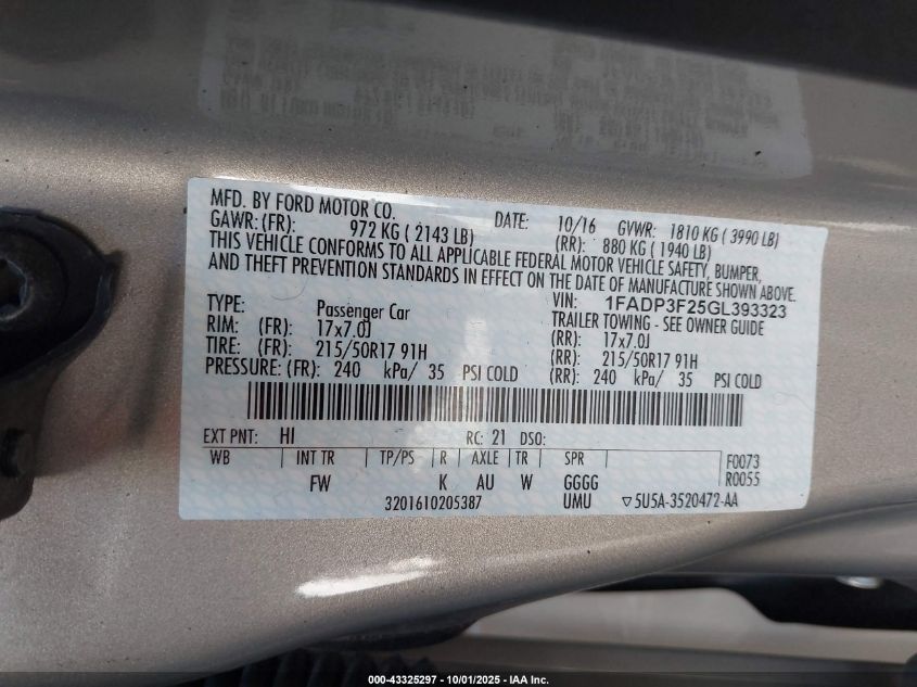 2016 Ford Focus Se VIN: 1FADP3F25GL393323 Lot: 43325297