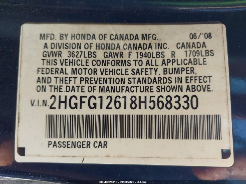 2008 Honda Civic Lx VIN: 2HGFG12618H568330 Lot: 43325318