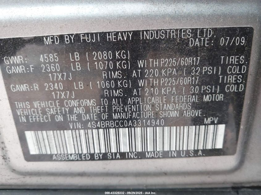 2010 Subaru Outback 2.5I Premium VIN: 4S4BRBCC0A3314940 Lot: 43325332