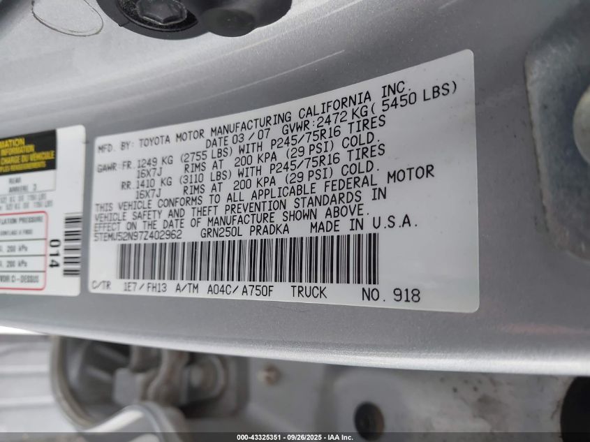 2007 Toyota Tacoma Base V6 VIN: 5TEMU52N97Z402962 Lot: 43325351