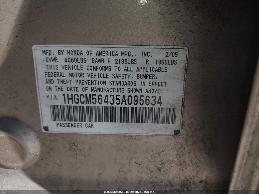 2005 Honda Accord 2.4 Lx VIN: 1HGCM56435A095634 Lot: 43325356