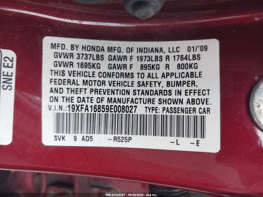 2009 Honda Civic Ex VIN: 19XFA16859E008027 Lot: 43325357