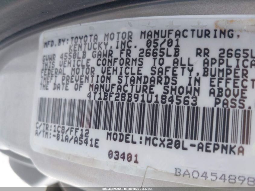 2001 Toyota Avalon Xl VIN: 4T1BF28B91U184563 Lot: 43325365