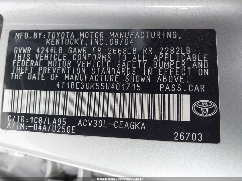 2005 Toyota Camry Xle VIN: 4T1BE30K55U401715 Lot: 43325367