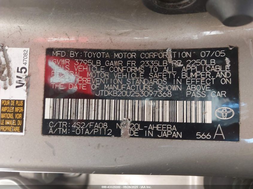 2005 Toyota Prius VIN: JTDKB20U253097368 Lot: 43325380