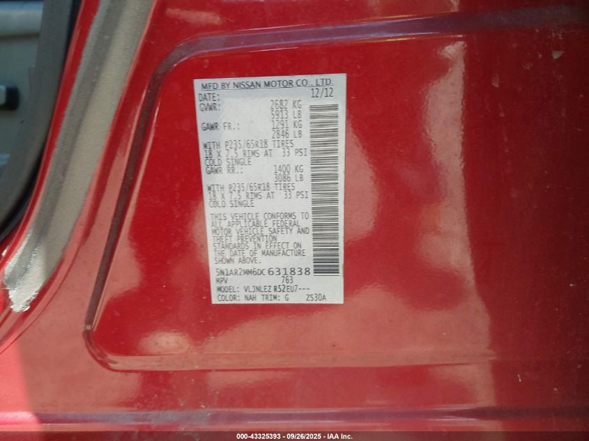 2013 Nissan Pathfinder Sv VIN: 5N1AR2MM6DC631838 Lot: 43325393