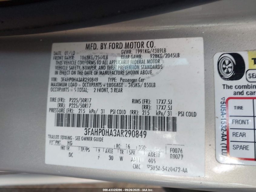 2010 Ford Fusion Se VIN: 3FAHP0HA3AR290849 Lot: 43325396