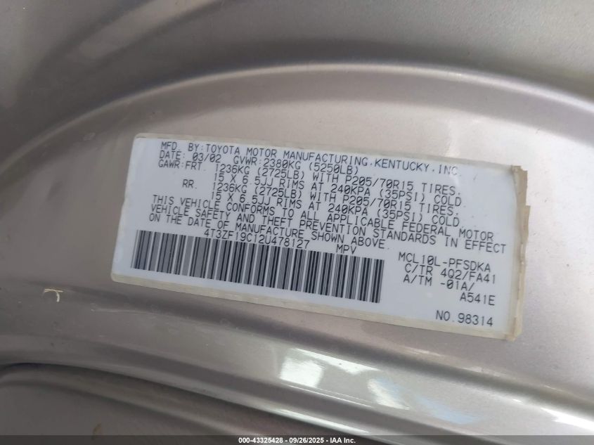 2002 Toyota Sienna Ce VIN: 4T3ZF19C12U478127 Lot: 43325428