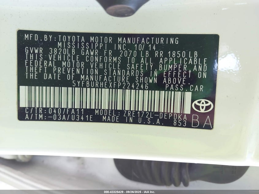 2015 Toyota Corolla L VIN: 5YFBURHEXFP224246 Lot: 43325429