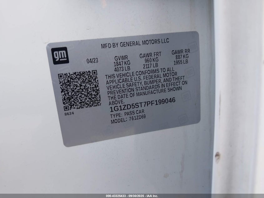 2023 Chevrolet Malibu Fwd 1Lt VIN: 1G1ZD5ST7PF199046 Lot: 43325433