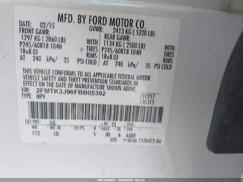 2015 Ford Edge Sel VIN: 2FMTK3J96FBB05392 Lot: 43325437