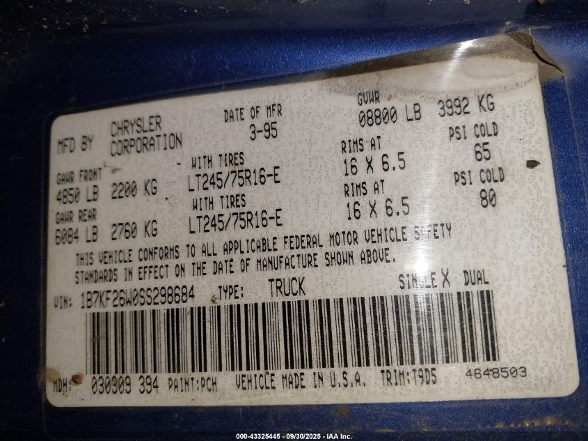 1995 Dodge Ram 2500 VIN: 1B7KF26W0SS298684 Lot: 43325445