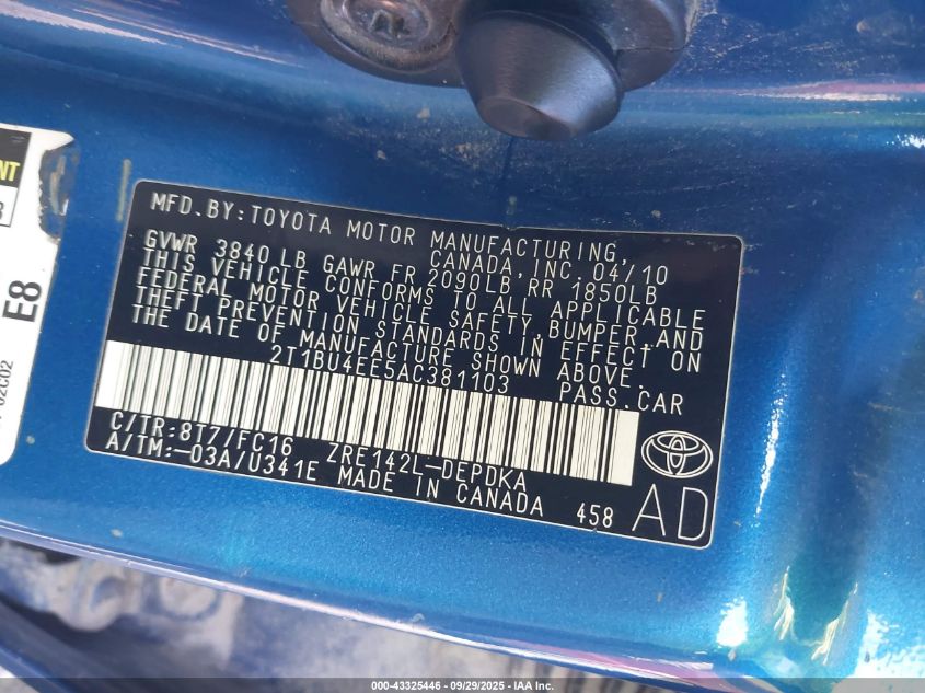 2010 Toyota Corolla Le VIN: 2T1BU4EE5AC381103 Lot: 43325446