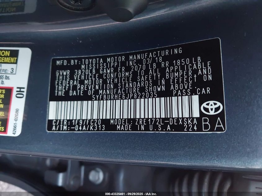 2018 Toyota Corolla Se VIN: 5YFBURHE6JP822035 Lot: 43325461