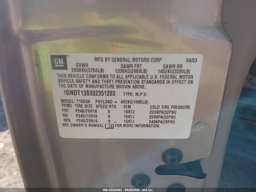 2003 Chevrolet Trailblazer Ls VIN: 1GNDT13S832351203 Lot: 43325462