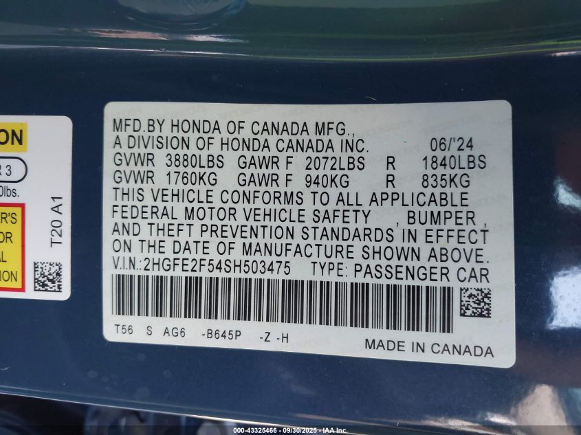 2025 Honda Civic Sport VIN: 2HGFE2F54SH503475 Lot: 43325466