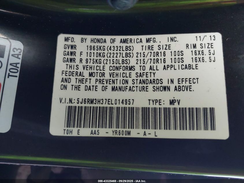 2014 Honda Cr-V Lx VIN: 5J6RM3H37EL014957 Lot: 43325468