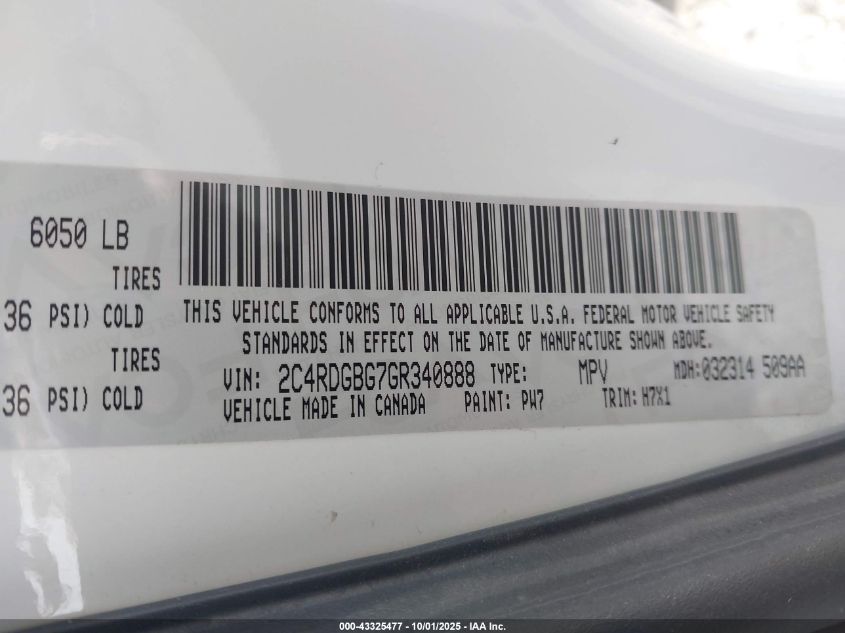 2016 Dodge Grand Caravan Se VIN: 2C4RDGBG7GR340888 Lot: 43325477