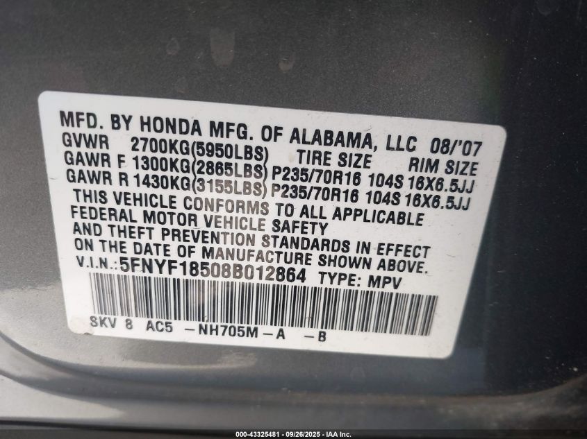 2008 Honda Pilot Ex-L VIN: 5FNYF18508B012864 Lot: 43325481
