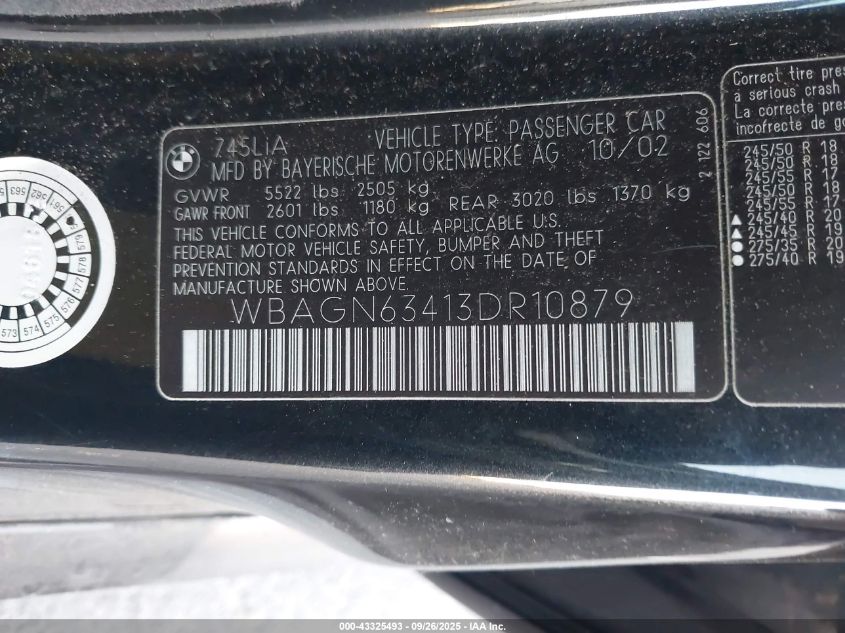 2003 BMW 745Li VIN: WBAGN63413DR10879 Lot: 43325493