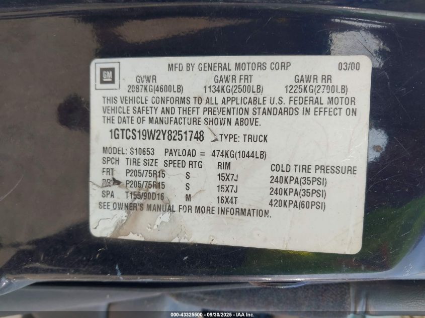 2000 GMC Sonoma Sls VIN: 1GTCS19W2Y8251748 Lot: 43325500