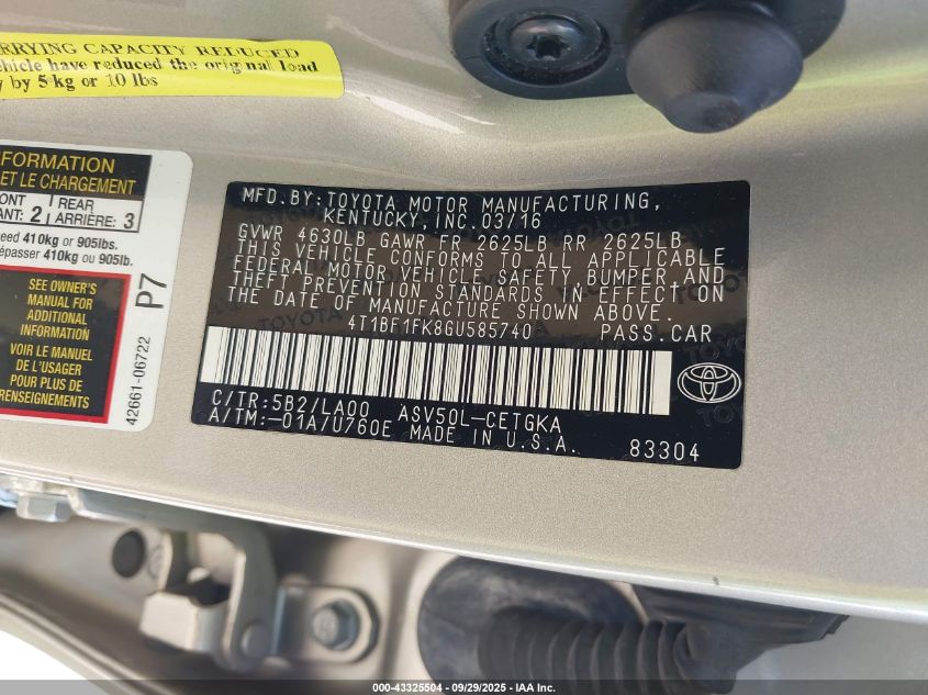 2016 Toyota Camry Xle VIN: 4T1BF1FK8GU585740 Lot: 43325504