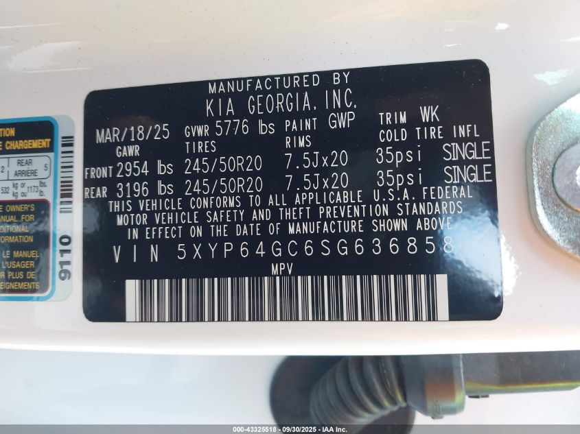 2025 Kia Telluride S VIN: 5XYP64GC6SG636858 Lot: 43325518