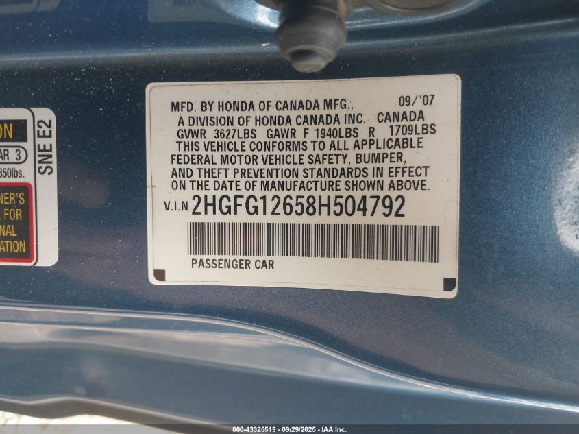 2008 Honda Civic Lx VIN: 2HGFG12658H504792 Lot: 43325519