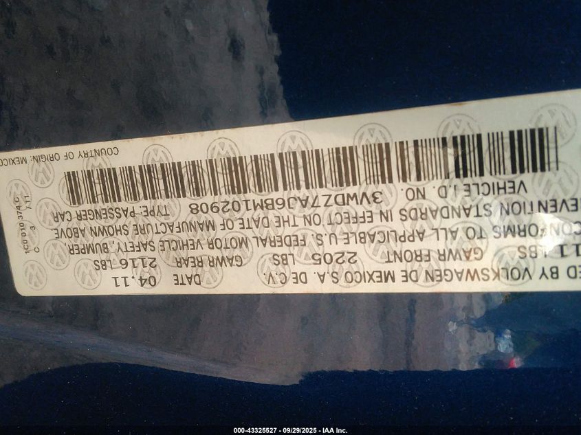 2011 Volkswagen Jetta 2.5L Se VIN: 3VWDZ7AJ6BM102908 Lot: 43325527