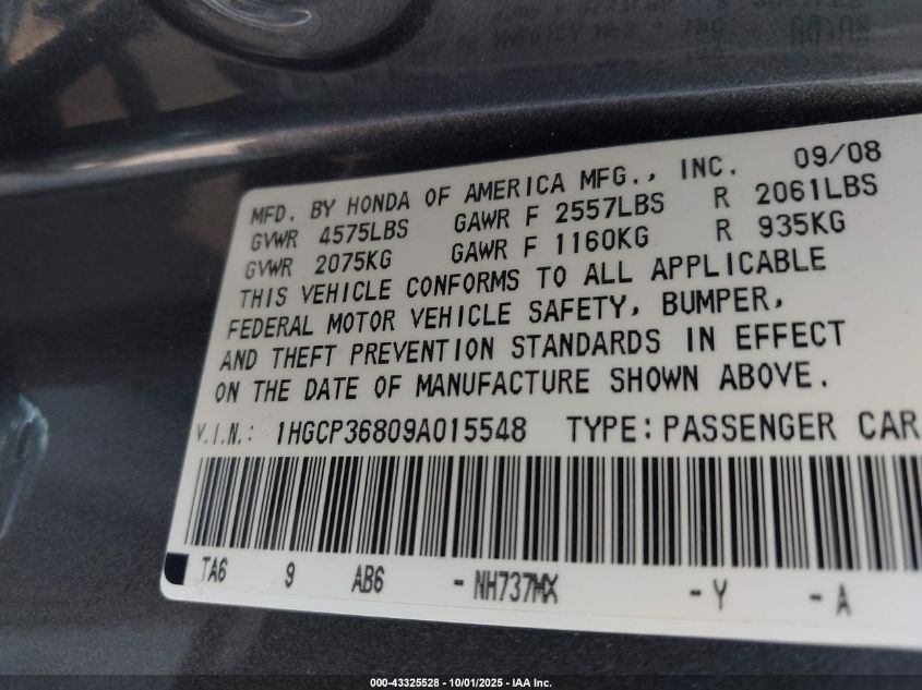 2009 Honda Accord 3.5 Ex-L VIN: 1HGCP36809A015548 Lot: 43325528