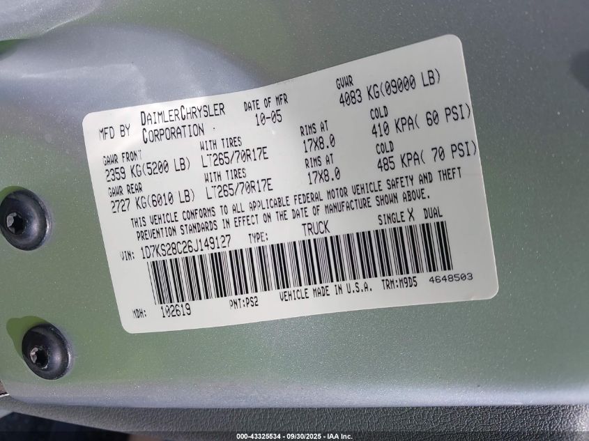 2006 Dodge Ram 2500 Slt/Trx4 Off Road/Sport/Power Wagon VIN: 1D7KS28C26J149127 Lot: 43325534