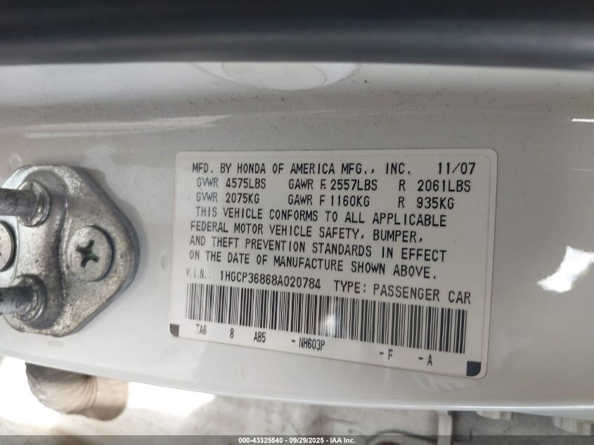 2008 Honda Accord 3.5 Ex-L VIN: 1HGCP36868A020784 Lot: 43325540