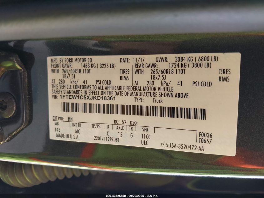 2018 Ford F-150 Xlt VIN: 1FTEW1C5XJKD18361 Lot: 43325550