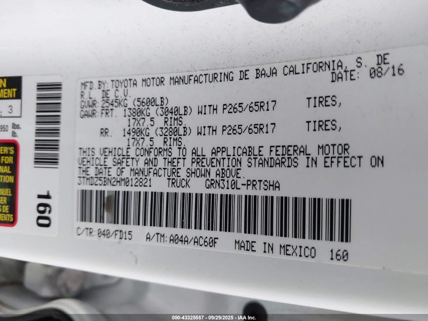 2017 Toyota Tacoma Trd Sport VIN: 3TMDZ5BN2HM012821 Lot: 43325557