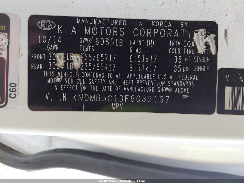 2015 Kia Sedona Lx VIN: KNDMB5C13F6032167 Lot: 43325559