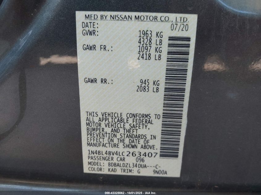 2020 Nissan Altima S Fwd VIN: 1N4BL4BV4LC263407 Lot: 43325562