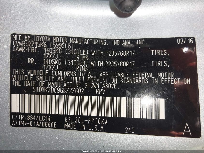 2016 Toyota Sienna Xle Premium 8 Passenger VIN: 5TDYK3DC9GS727602 Lot: 43325575