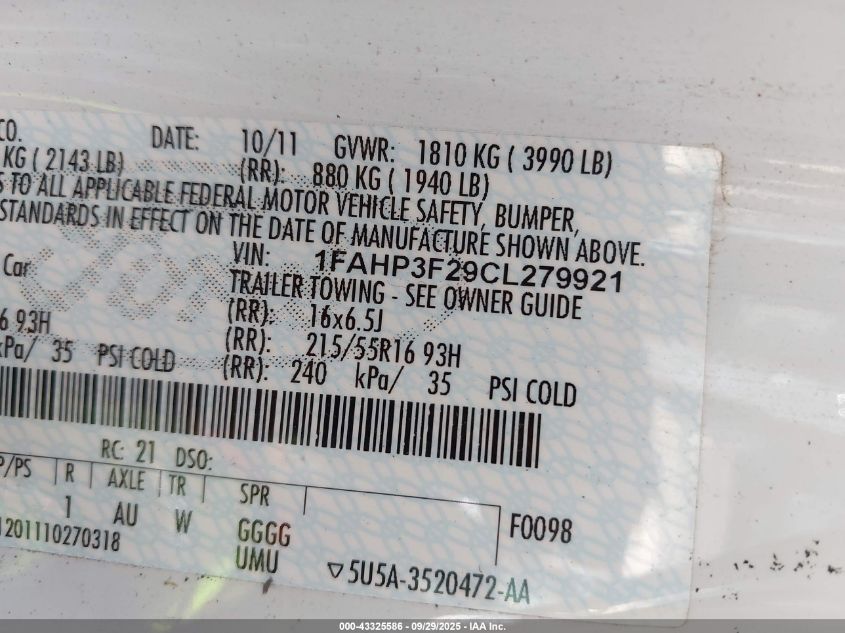 2012 Ford Focus Se VIN: 1FAHP3F29CL279921 Lot: 43325586