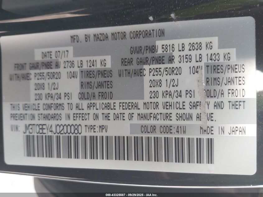 2018 Mazda Cx-9 Signature VIN: JM3TCBEY4J0200080 Lot: 43325587