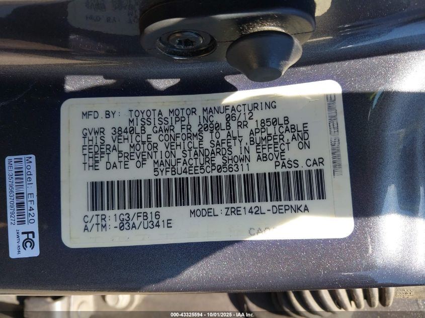 2012 Toyota Corolla Le VIN: 5YFBU4EE5CP056311 Lot: 43325594