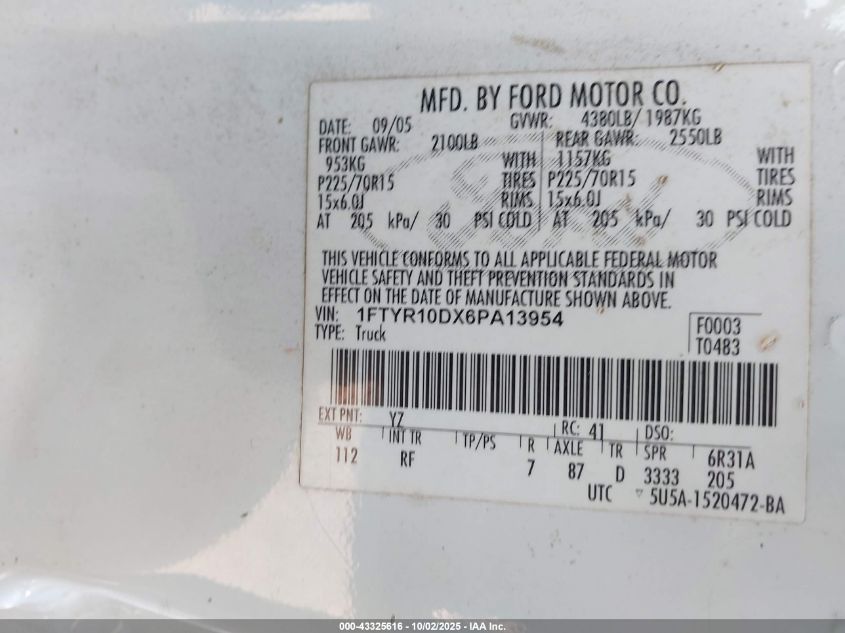 2006 Ford Ranger Xl/Xlt VIN: 1FTYR10DX6PA13954 Lot: 43325616